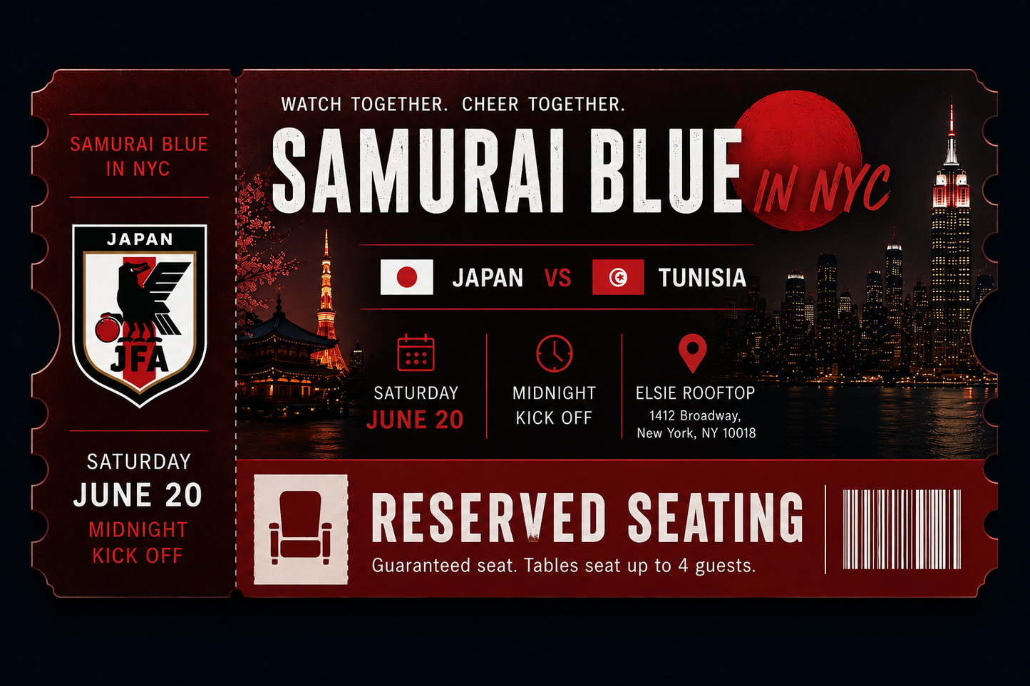 6/20 Japan V. Tunisia ”Reserved Seating Tickets” for Roof Top Viewing Event