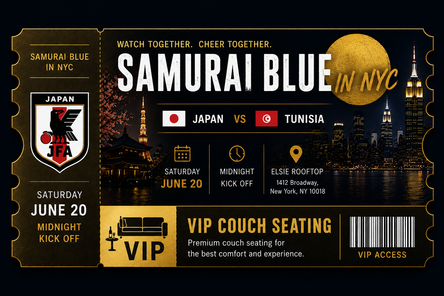 6/20 Japan V. Tunisia "VIP Tickets"  Roof Top Viewing Event