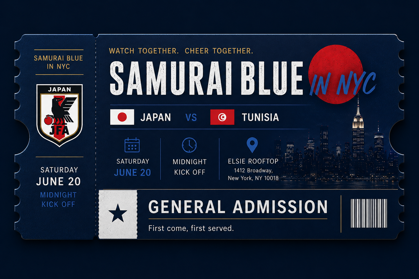 6/20 vs. Tunisia ”Genral Ticket” for Roof Top Viewing Event